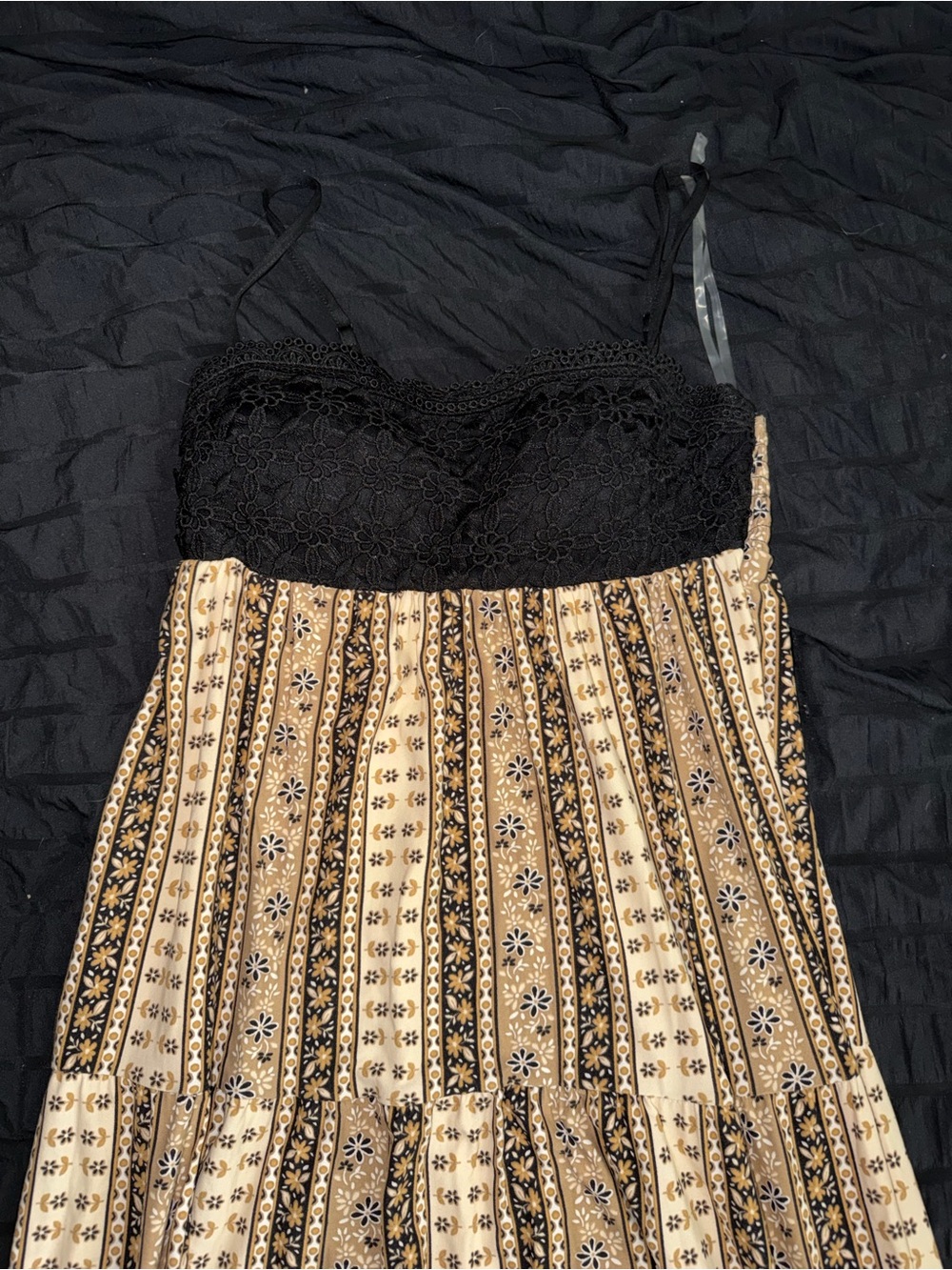 No Boundaries Black and Tan Floral Stripe Maxi Dress